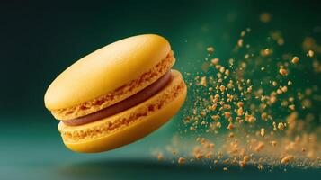Fresh and delicious yellow macaroon floating in air with crumbs exploding on green background photo