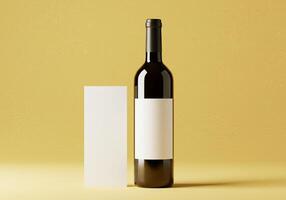 A wine bottle and blank card on a yellow background photo