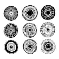 Set of abstract circular halftone textures resembling tree rings or organic growth patterns. Modern monochrome design elements for eco branding, packaging, or graphic compositions. vector