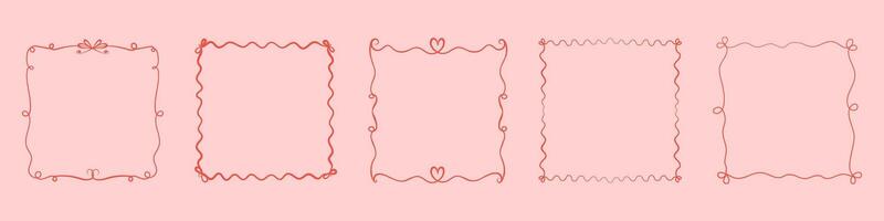 Set of minimal hand drawn curly frames with hearts and decorative lines. Great for cards, romantic design, love notes, and modern scrapbooking. vector