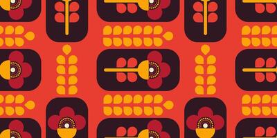 Seamless retro floral pattern with abstract geometric flowers on red background. Seamless texture in scandinavian style. vector