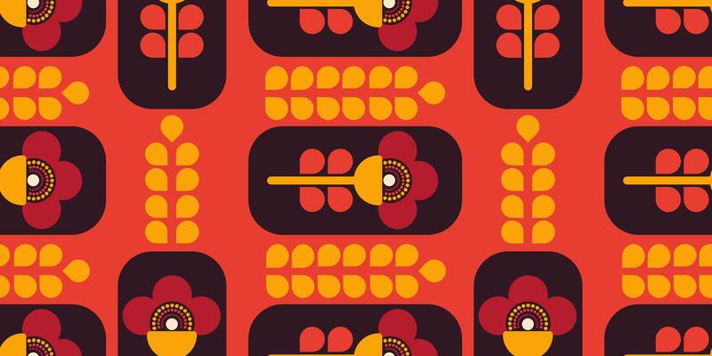 Seamless retro floral pattern with abstract geometric flowers on red background. Seamless texture in scandinavian style.