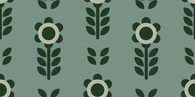 Seamless retro pattern of silhouettes of flowers in shape of daisies with leaves in dark green colors. Perfect for fabric, wallpaper, wrapping paper, vintage projects and textile design. vector