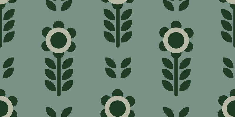 Seamless retro pattern of silhouettes of flowers in shape of daisies with leaves in dark green colors. Perfect for fabric, wallpaper, wrapping paper, vintage projects and textile design.