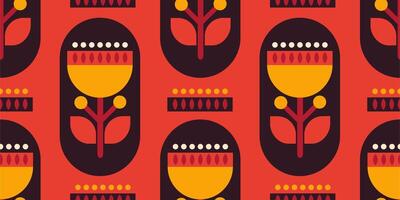 Seamless geometric flower pattern in vintage Scandinavian style on red background. vector