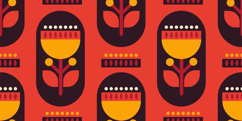 Seamless geometric flower pattern in vintage Scandinavian style on red background.