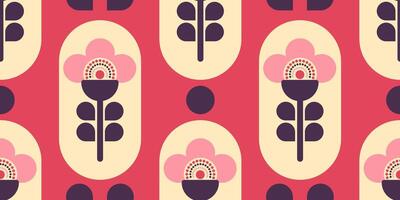 Retro-inspired seamless floral design with abstract flowers in purple, red, and pink. vector