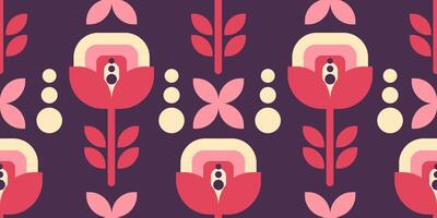 Abstract floral seamless pattern with geometric flowers in nostalgic pink, red, and purple tones. Suitable for textile surfaces, wallpapers, and retro-style packaging. vector