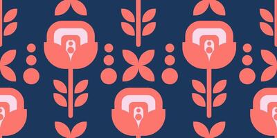 Retro inspired seamless floral design with abstract silhouette flowers in pink colors on blue background vector