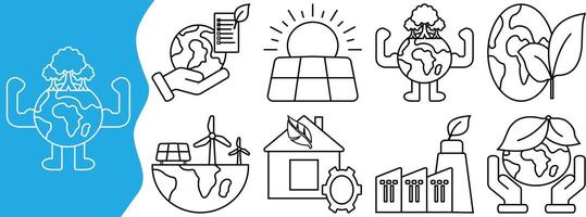 A set of net zero line icons featuring earth, leaf, solar panel, wind turbine, and eco-friendly house. Ideal for climate, sustainability, and green energy concepts. vector