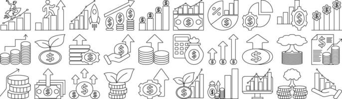 A set of financial profit line icons featuring money growth, coins, charts, arrows, dollar signs, trees, gears, and bar graphs. Ideal for business and finance use. vector
