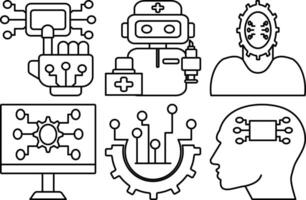 AI tools icon set. Line icons featuring robot, chip, neural network, hand, human head, gear, computer screen, and circuit board. Editable stroke. vector