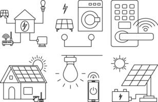 Eco smart home icon set. Line style icons of solar panel, smart lock, light bulb, smart grid, smart washing machine, mobile control, clean energy. Editable stroke. vector