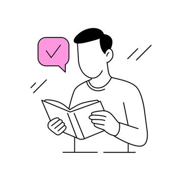 Learning and knowledge concept. Man reading book with check mark symbol. vector