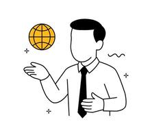 Global communication business illustration. Man holding floating globe. Worldwide connection and international network concept. vector