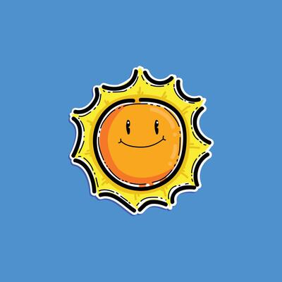 A kawaii cheerful illustration of a smiling sun with a bright orange face, radiating yellow beams, set against a vibrant blue background.