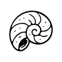 A simple line art doodle shows a nautilus shell with spiraling chambers and dotted design. Hand drawn style graphic for ocean or nature themed design vector