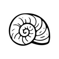 A simple hand drawn doodle of a seashell is shown. The shell has a spiral shape and is created with black lines on a white background. art illustration vector
