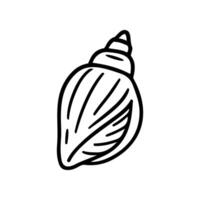 Doodle illustration depicts a seashell. It has a point at the top and lines across it. It is a in a hand drawn style, and would be suitable for an icon vector
