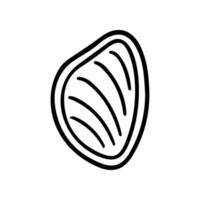 Depicts a minimalist, hand-drawn clam shell, outlined in black. The shell has several curved lines inside, isolated on a white background vector