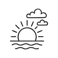 Line drawing showcases a simple sunset or sunrise scene. The sun rests on the water, with wavy ocean and two clouds in the sky vector