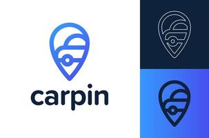 Pin Map Car Location logotype. Auto Pin Car Point Automotive Logo Design Template. for map, apps, and location. line style icon vector