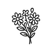 A bouquet of three daisy flowers and leaves are illustrated in a simple, outlined style. It is a hand drawn illustration on a white background vector