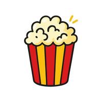 A hand drawn illustration shows a bucket of fluffy, yellow popcorn with red and yellow stripes on its container vector