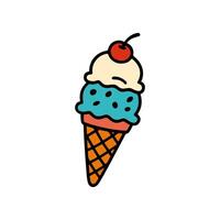 A hand drawn shows a doodle of an ice cream cone with two scoops, topped with a cherry. The cone has a waffle pattern design vector
