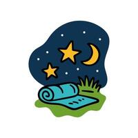 Hand drawn icon shows rolled sleeping bag on grass under the stars and Moon. It's a clear night with several stars and a crescent Moon vector