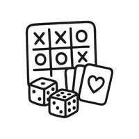 A simple line art doodle features a tic-tac-toe game board, two dice, and three playing cards, creating a playful and fun vector
