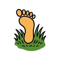 Hand drawn style icon featuring a footprint in orange color on green grass. Simple illustration with clean lines, ideal for various design applications vector