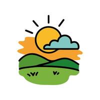 Hand drawn outdoor landscape doodle shows sun, a cloud, rolling green hills, and orange horizon. Design is a simple doodle style created using lines vector