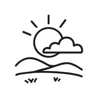 Doodle icon shows a landscape. A sun with rays shines behind a cloud over hills. Grass grows in the foreground. The is hand drawn vector