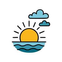 Simple line drawing illustration. The sun rises over the ocean, with light rays emanating from it, and some clouds floating in the sky vector