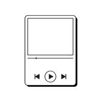 A hand drawn style icon depicts a media player with a blank screen, play and skip buttons, and a progress bar in a simple line illustration vector