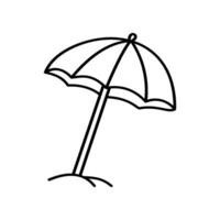 A black outline drawing of a beach umbrella planted in the sand. The illustration is a simple, hand-drawn in a doodle style, ideal for summer themes vector