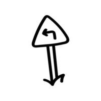 The hand drawn icon presents a triangular road sign with an arrow indicating a left turn. style, simple design using only a black line vector