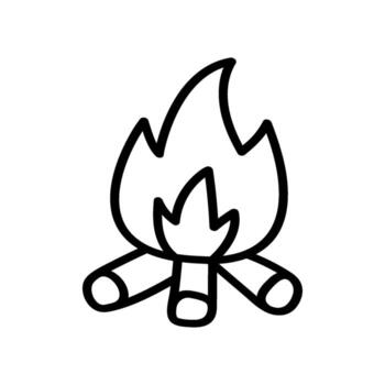 A hand drawn icon shows a campfire. Three logs are arranged with a flickering flame above them. The design is simple and in line art vector