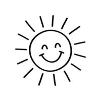Smiling sun graphic with hand drawn line art. Sunshine icon represents a sunny day. Black lines on a white background vector
