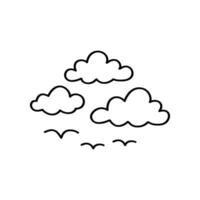 Three simple line art clouds floating in the sky with some birds flying underneath. The design is hand drawn and has a clean style vector