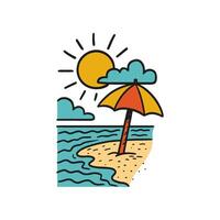 A hand drawn beach doodle with an orange and yellow beach umbrella, wavy ocean, clouds, and a bright sun, created in line art vector