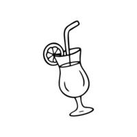 Hand drawn line drawing of a cocktail with a straw in a glass and a lemon slice on the rim. Simple, cute icon for bars, restaurants, and summer vector