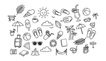 Various hand drawn doodles depict Summer vacation, including beach elements such as palm trees, umbrellas, and food and drink items vector