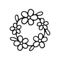 A black and white, hand drawn wreath of simple flowers is displayed. It is a illustration in a doodle style, isolated on a white background vector