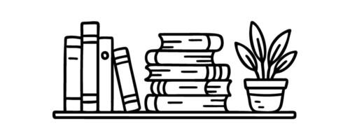 This illustration depicts a hand drawn bookshelf featuring books both stacked and standing upright, alongside a potted plant, using a simple line drawing style vector