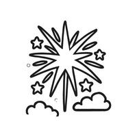 A simple line drawing features a central star explosion or firework, with several five-pointed stars and clouds surrounding it in a hand-drawn doodle style vector