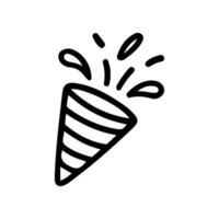 Black line art shows a hand drawn party popper icon exploding confetti. Perfect for event invitation or holiday decoration. Isolated on white background vector