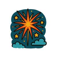A hand drawn doodle features a vibrant starburst dominating a night sky, surrounded by stars and small puffy clouds, all with line art vector