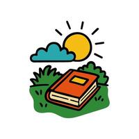 A hand drawn orange book sits in the grass, beneath a cartoon sun and cloud. It is a cute, simple illustration conveying relaxation vector
